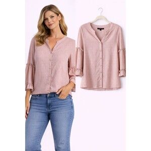 New Adrienne Vittadini Blouse Top Size Small Rose Pink Gold Threading Ruffle